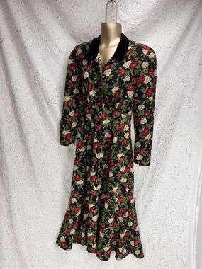 Vintage 80s 90s Northern Traditions Floral Maxi Dress Velvet Collar Button Front